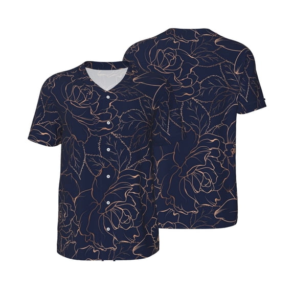 Balery Copper-Gold Gloss Outline Navy Dark Blue Baseball Jersey for Men Casual Button Down Shirts Short Sleeve Active Team Sports Uniform-Medium