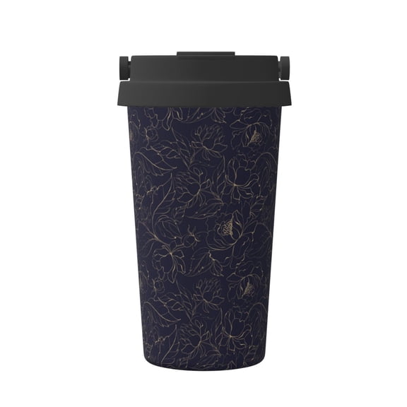 Balery Copper-Gold Gloss Outline Peony Pattern Insulated Coffee Travel Mug Stainless Steel Vacuum Coffee Cup Leakproof with Screw Lid Coffee for Hot/Iced Beverage - 500ml