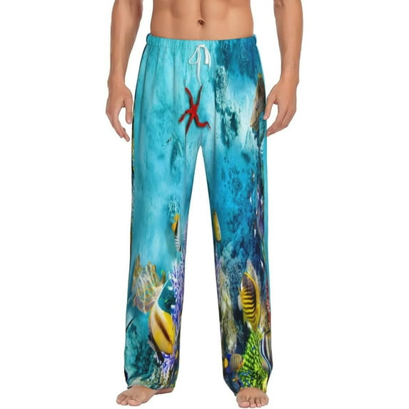 Balery Corals and Tropical Fish print Men's Pajama Pants,Ultra Lightweight Pjs,Lounge Pant-Large