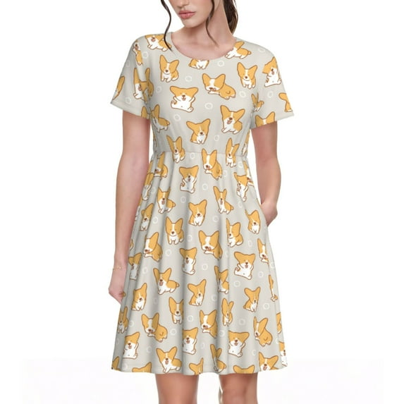 Balery Corgi Dog Pattern Womens Dresses Loose Short sleeve Sundresses Swimsuit Coverup 2025 Summer Casual Dress for Women - A-Line Swing Dress