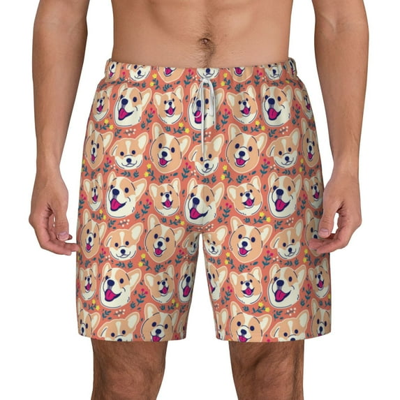 Balery Corgi Head with Floal Mens Swim Trunks Swim Shorts for Men Quick Dry Inseam Beach Shorts with Compression Liner Pocket-Large