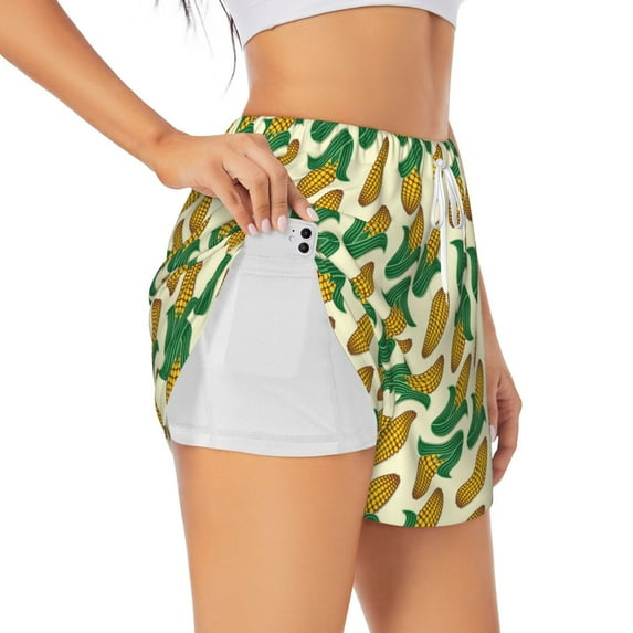 Balery Corn 8 Pattern Women's Running Shorts with Liner 2 Pockets Elastic Workout Athletic Gym Yoga Shorts-X-Large
