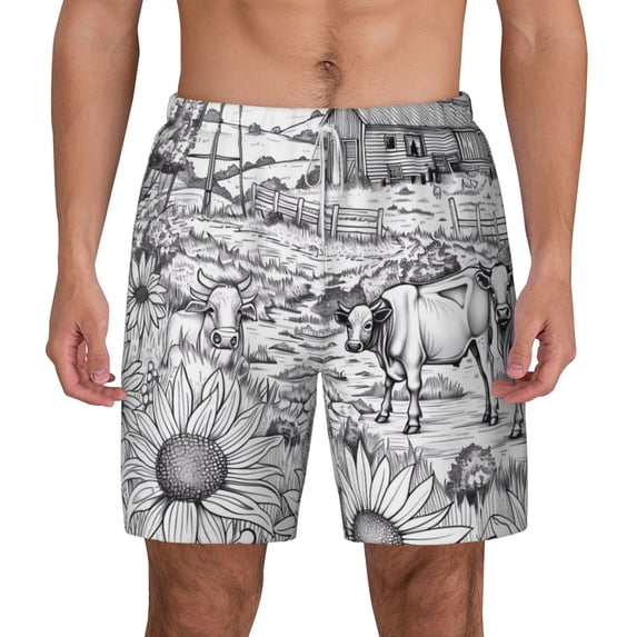 Balery Country Farm Scene Mens Swim Trunks Swim Shorts for Men Quick Dry Inseam Beach Shorts with Compression Liner Pocket-Large