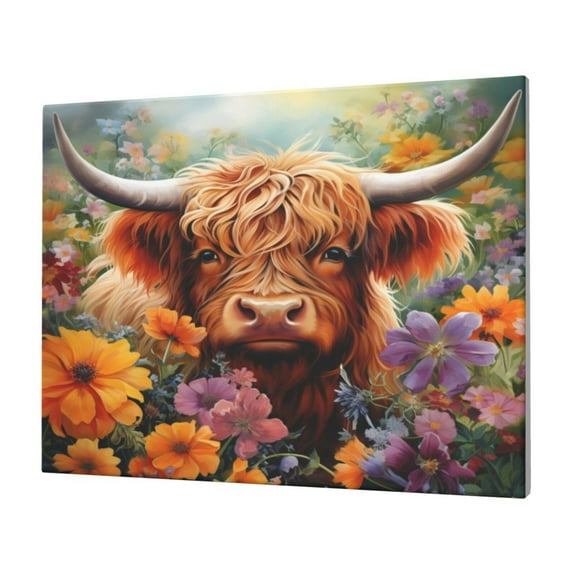Balery Countryside Colorful Floral Cow Pattern Canvas Decorative Picture – 30x40in Premium Wall Art, Modern Canvas Print for Home Decor（Horizontal）