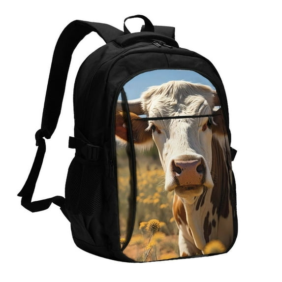 Balery Countryside Flower Cow Print USB Charging Backpack for Men and Women - Water-Resistant, Anti-Theft Laptop Backpack with USB Port for Travel, Work, School, and College