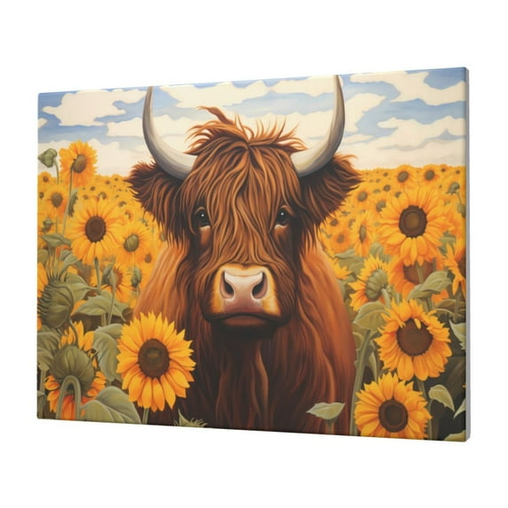 Balery Countryside Sunflower Cow Pattern Canvas Decorative Picture – 30x40in Premium Wall Art, Modern Canvas Print for Home Decor（Horizontal）