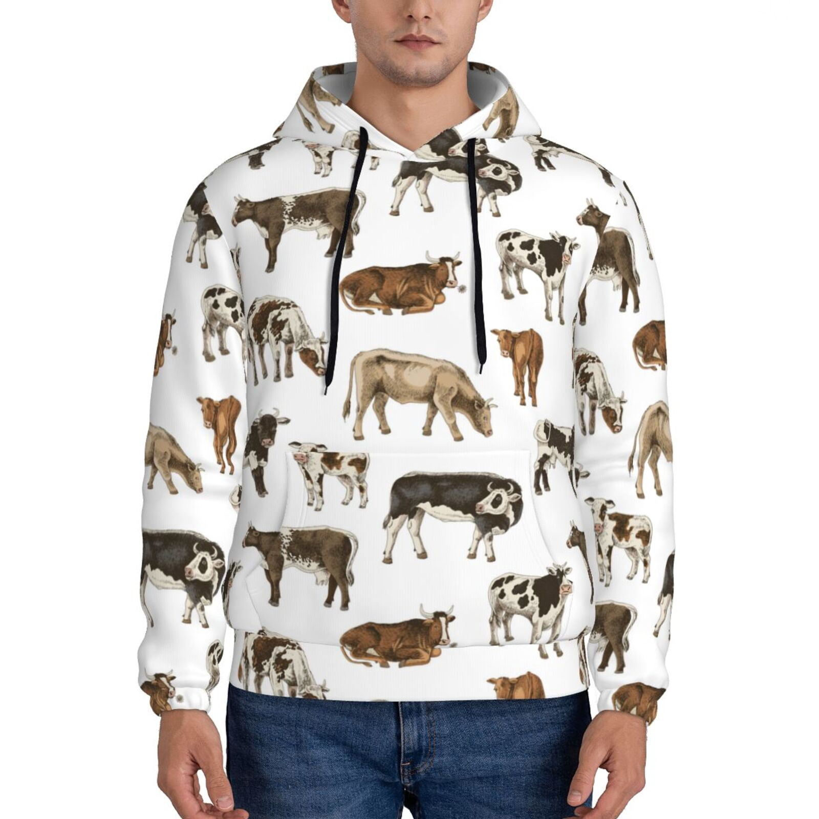 Teal And White Cow Print Men's Zip Up Hoodie