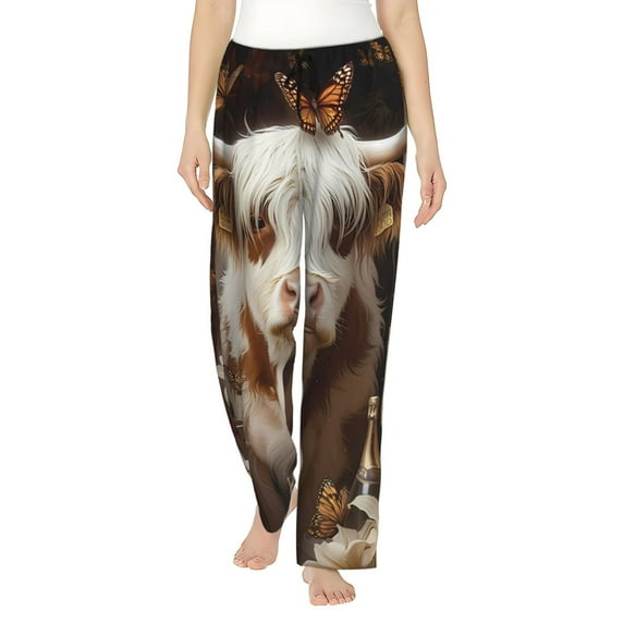 Balery Cow With Butterflies print Women's Pajama Pants,Ultra Lightweight Pjs,Lounge Pant-Small