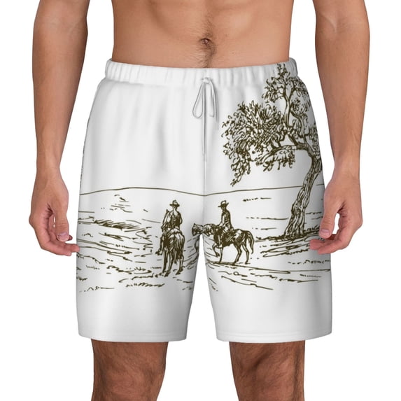 Balery Cowboys Riding A Horse Near A Tree Mens Swim Trunks Swim Shorts for Men Quick Dry Inseam Beach Shorts with Compression Liner Pocket-Small