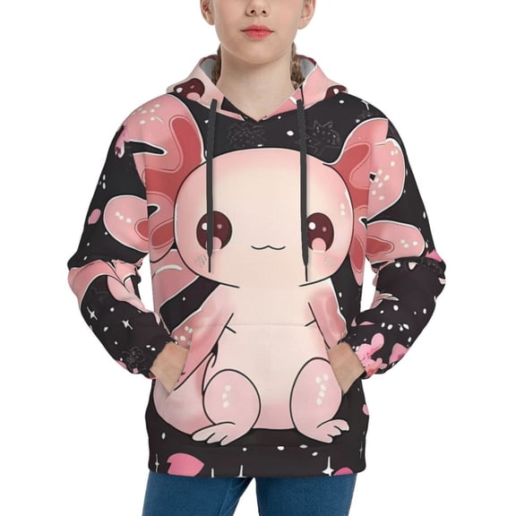 Balery Cute Axolotl Sakura Blossoms Pattern Boys Hoodie, Youth Pullover Hooded Sweatshirt, Kangaroo Pocket Hoodie for Kids Girls -Medium