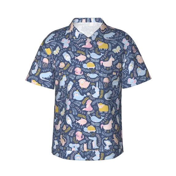 Balery Cute Baby Animals Print Men's Hawaiian Shirts Short Sleeve Beach Shirt Relaxed Fit Vacation Button Down Shirts-X-Large