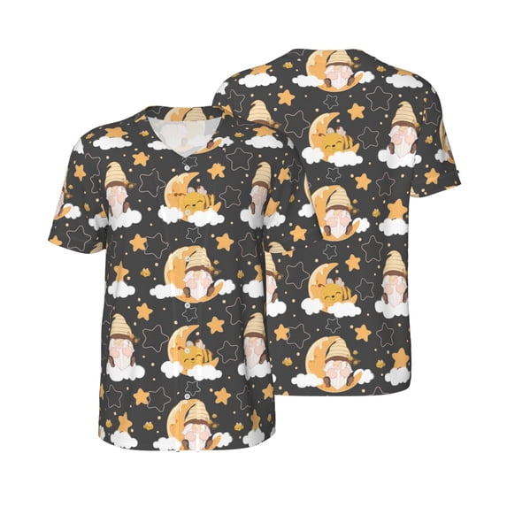 Balery Cute Bee Gnome Baseball Jersey for Men Casual Button Down Shirts Short Sleeve Active Team Sports Uniform-Large