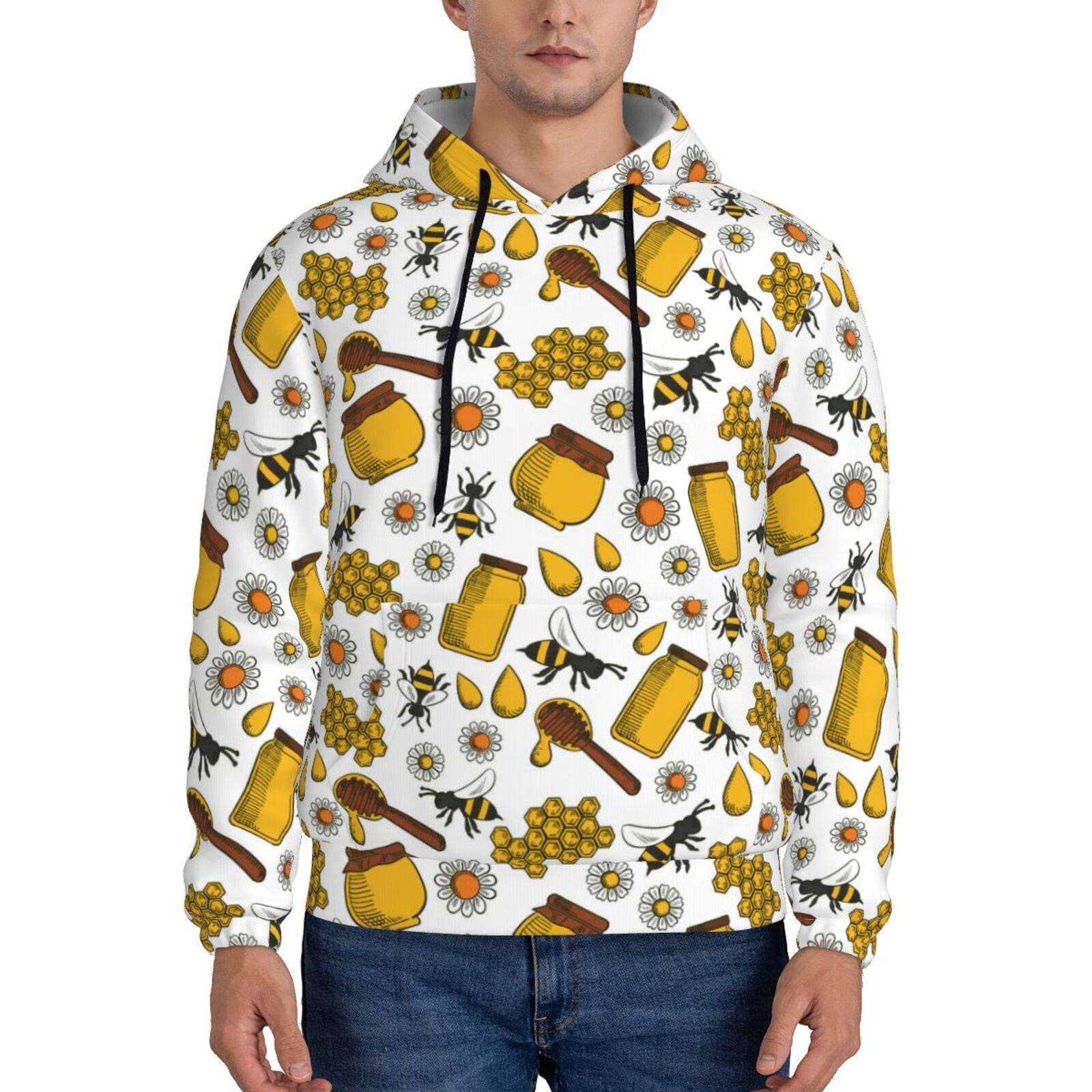 Balery Cute Bee Pattern Mens Hoodie Kangaroo Pocket Hoodie Pullover