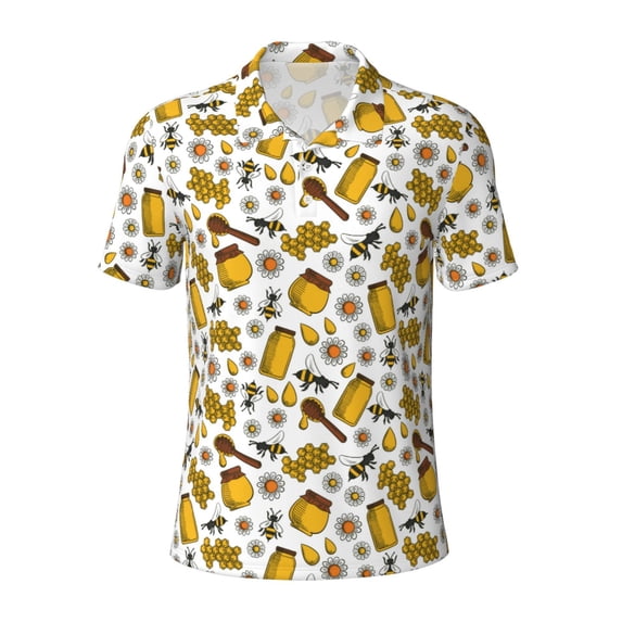Balery Cute Bee Printed Men’s Short Sleeve Polo Shirt, Midweight Men's Shirt,Golf Polo shirts -Medium