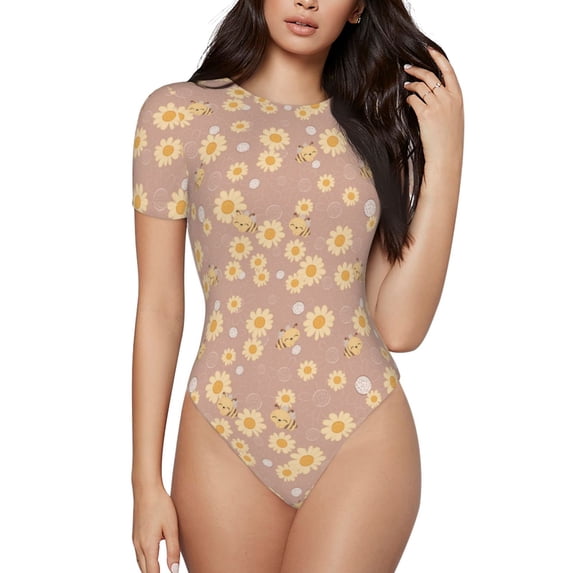 Balery Cute Bee Women's Short Sleevee Crew Neck Bodysuit Tops Short Sleeve Tops Basic-Medium