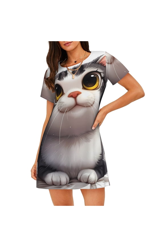 Cute Cartoon Kitten Pattern Womens Short Sleeve Sleepshirt Scoopneck Cute Nightdress Comfy Nightgown Loungewear Dress