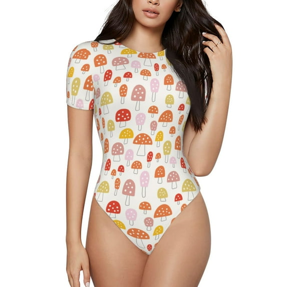Balery Cute Cartoon Mushrooms Women's Short Sleevee Crew Neck Bodysuit Tops Short Sleeve Tops Basic-X-Large