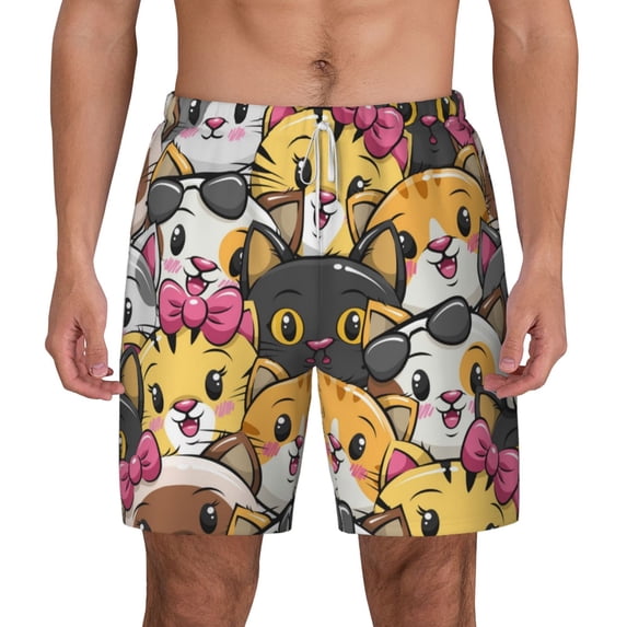 Balery Cute Cat Cartoon Mens Swim Trunks Swim Shorts for Men Quick Dry Inseam Beach Shorts with Compression Liner Pocket-XX-Large