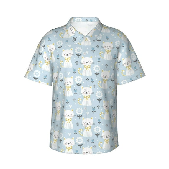 Balery Cute Cat Print Men's Hawaiian Shirts Short Sleeve Beach Shirt Relaxed Fit Vacation Button Down Shirts-Large
