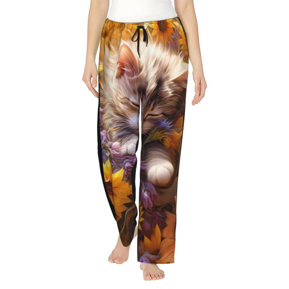 Balery Cute Cat Sunflower print Women's Pajama Pants,Ultra Lightweight Pjs,Lounge Pant-Medium