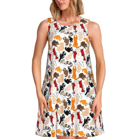 Balery Cute Cats Pattern Women’s Summer Dresses – Loose Sleeveless Sundress, Casual and Comfortable Beach Dress for Hot Days