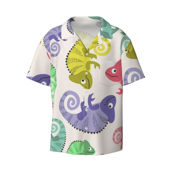 Balery Cute Chameleons Men's Casual Button Down Shirt Short Sleeve Textured Summer Cuban Beach Shirts-4X-Large