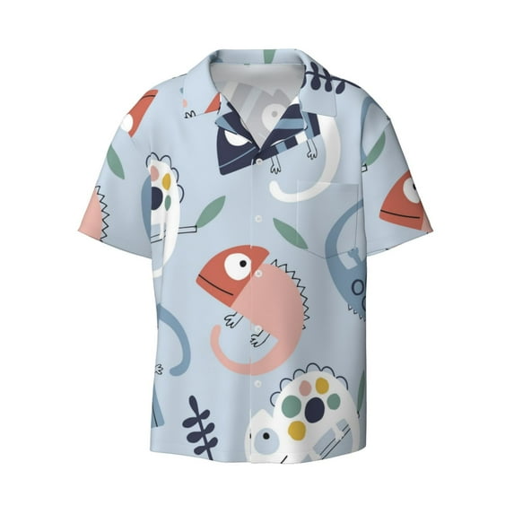 Balery Cute Chameleons On Blue Men's Casual Button Down Shirt Short Sleeve Textured Summer Cuban Beach Shirts-XX-Large