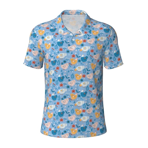 Balery Cute Chickens and Flowers Printed Men’s Short Sleeve Polo Shirt, Midweight Men's Shirt,Golf Polo shirts -Small
