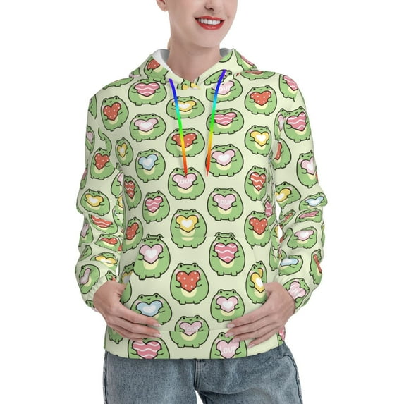 Balery Cute Chubby Frog Pattern Womens Long Sleeve Hoodie, Pullover Hooded Sweatshirt, Kangaroo Pocket Hoodie with Eye-catching Drawstrings-Medium