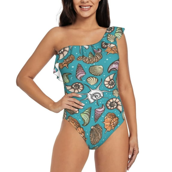 Balery Cute Conch One Shoulder Swimsuits for Women Ruffle Swimsuits Tummy Control One Shoulder Bathing Suits-Medium