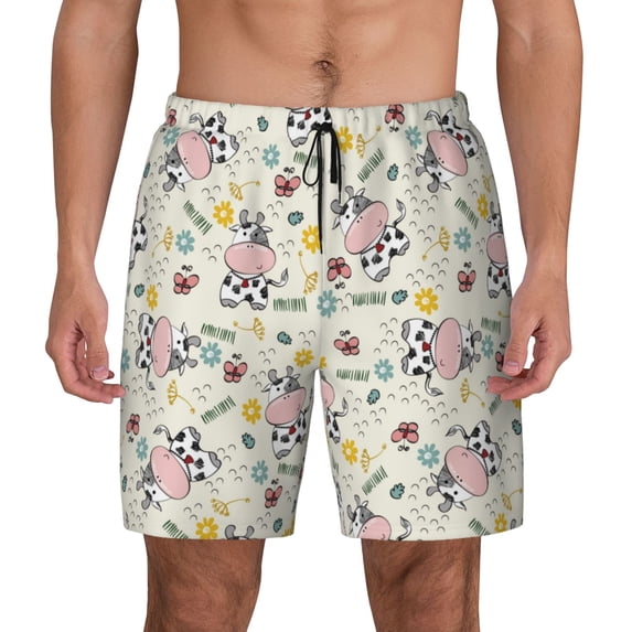 Balery Cute Cow Mens Swim Trunks Swim Shorts for Men Quick Dry Inseam Beach Shorts with Compression Liner Pocket-Small
