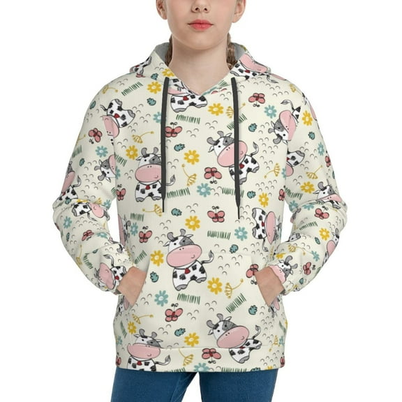 Balery Cute Cow Pattern Boys Hoodie, Youth Pullover Hooded Sweatshirt, Kangaroo Pocket Hoodie for Kids Girls -X-Large