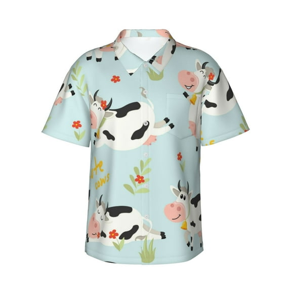 Balery Cute Cows Print Men's Hawaiian Shirts Short Sleeve Beach Shirt Relaxed Fit Vacation Button Down Shirts-XX-Large