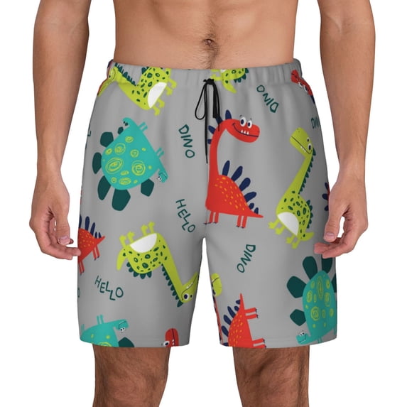 Balery Cute Dinosaur Mens Swim Trunks Swim Shorts for Men Quick Dry Inseam Beach Shorts with Compression Liner Pocket-XX-Large
