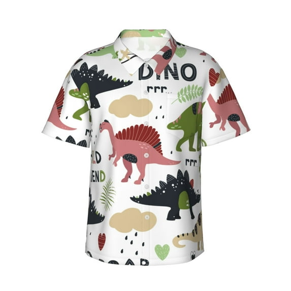 Balery Cute Dinosaurs Print Men's Hawaiian Shirts Short Sleeve Beach Shirt Relaxed Fit Vacation Button Down Shirts-XX-Large