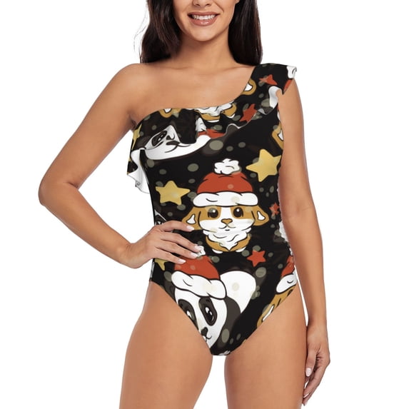 Balery Cute Dog Panda One Shoulder Swimsuits for Women Ruffle Swimsuits Tummy Control One Shoulder Bathing Suits-X-Large