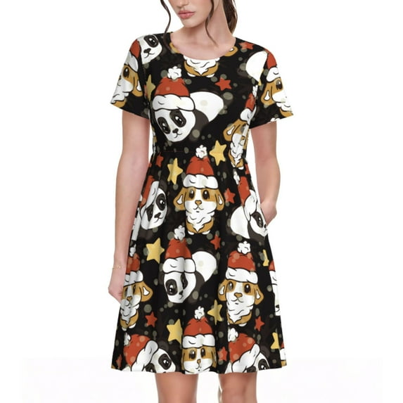 Balery Cute Dog Panda Pattern Womens Dresses Loose Short sleeve Sundresses Swimsuit Coverup 2025 Summer Casual Dress for Women - A-Line Swing Dress