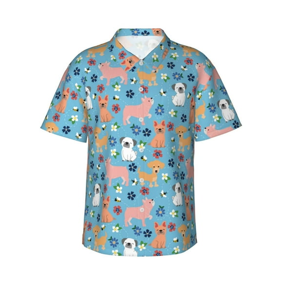 Balery Cute Dog Print Men's Hawaiian Shirts Short Sleeve Beach Shirt Relaxed Fit Vacation Button Down Shirts-Large