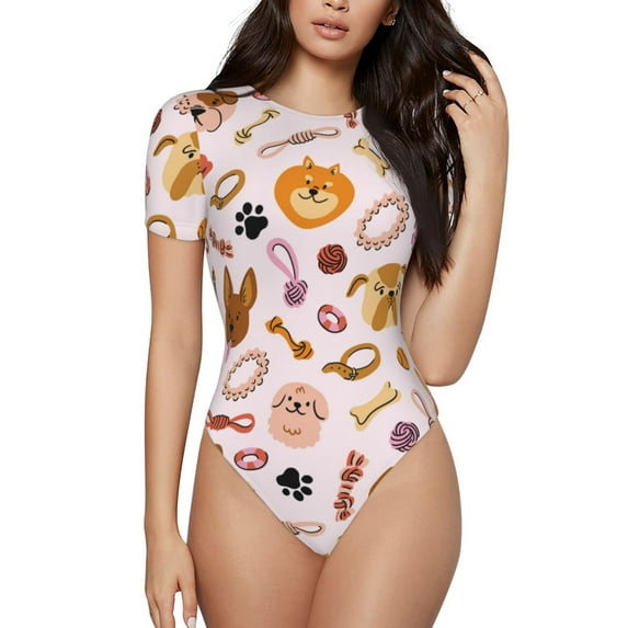 Balery Cute Dog Women's Short Sleevee Crew Neck Bodysuit Tops Short Sleeve Tops Basic-Medium