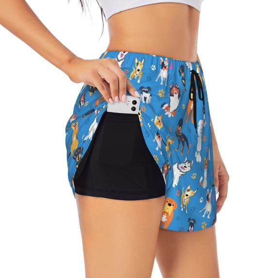 Balery Cute Dogs Pattern Women's Running Shorts with Liner 2 Pockets Elastic Workout Athletic Gym Yoga Shorts-Small