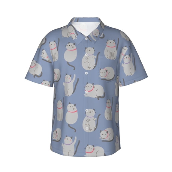 Balery Cute Fat Cat Print Men's Hawaiian Shirts Short Sleeve Beach Shirt Relaxed Fit Vacation Button Down Shirts-Medium