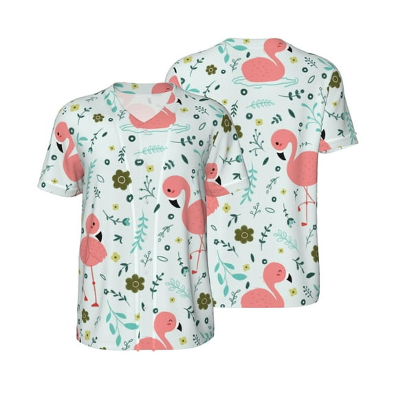 Balery Cute Flamingo Baseball Jersey for Men Casual Button Down Shirts Short Sleeve Active Team Sports Uniform-XX-Large
