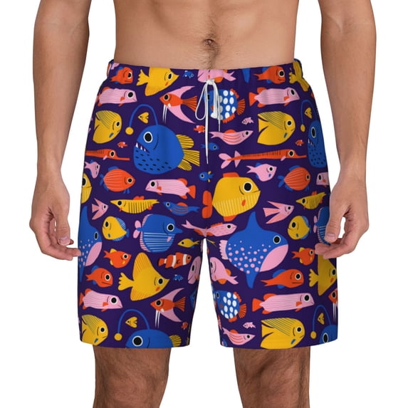 Balery Cute Flat Hand Drawn Fishes Mens Swim Trunks Swim Shorts for Men Quick Dry Inseam Beach Shorts with Compression Liner Pocket-XX-Large