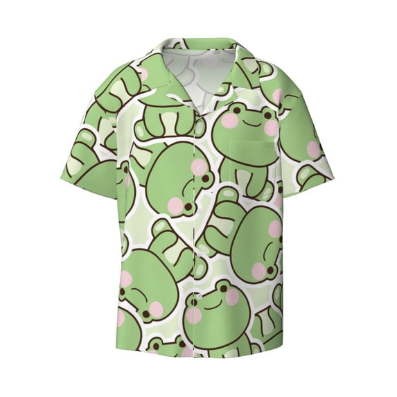 Balery Cute Frog Men's Casual Button Down Shirt Short Sleeve Textured Summer Cuban Beach Shirts-4X-Large