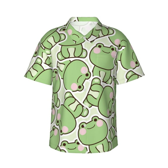Balery Cute Frog Print Men's Hawaiian Shirts Short Sleeve Beach Shirt Relaxed Fit Vacation Button Down Shirts-Small