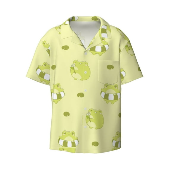 Balery Cute Frog3 Men's Casual Button Down Shirt Short Sleeve Textured Summer Cuban Beach Shirts-4X-Large