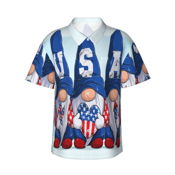 Balery Cute Gnomes in USA Print Men's Hawaiian Shirts Short Sleeve Beach Shirt Relaxed Fit Vacation Button Down Shirts-Large