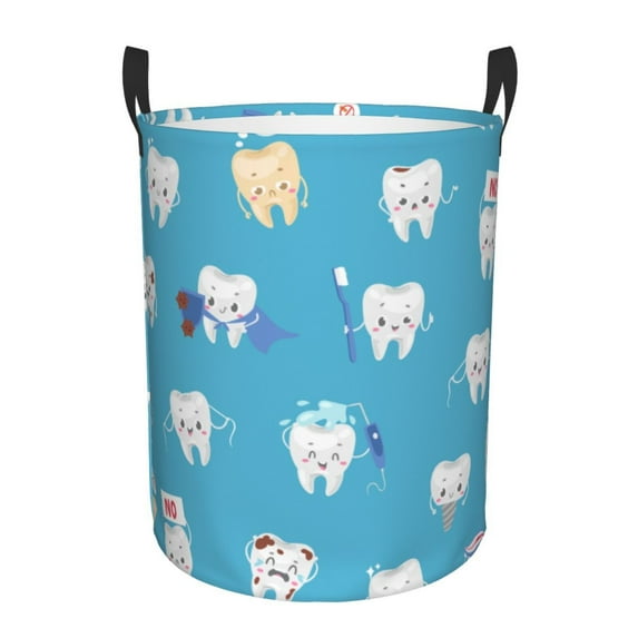Balery Cute Healthy Teeth Round Laundry Basket with Handles Waterproof Freestanding Laundry Hamper for Clothes Toys in the Dorm and Family-Small