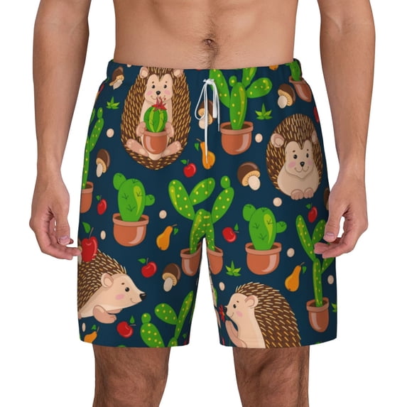 Balery Cute Hedgehogs Cactus Blue Mens Swim Trunks Swim Shorts for Men Quick Dry Inseam Beach Shorts with Compression Liner Pocket-Small