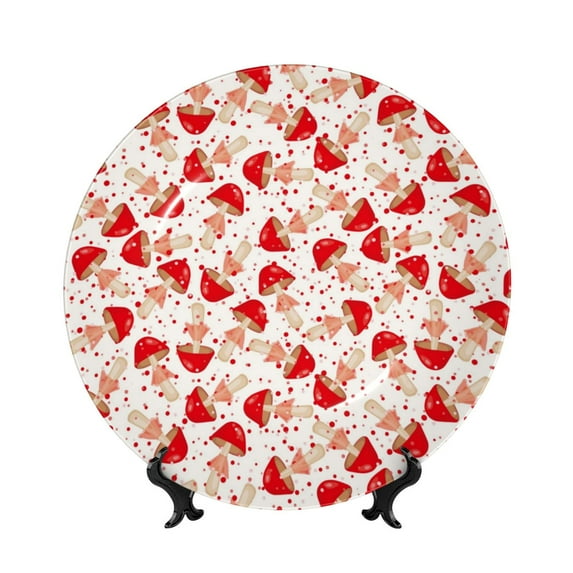 Balery Cute Mushroom Print Bone China Decorative Plate Ceramic Dinner Plates Art Crafts with Display Stand-10in